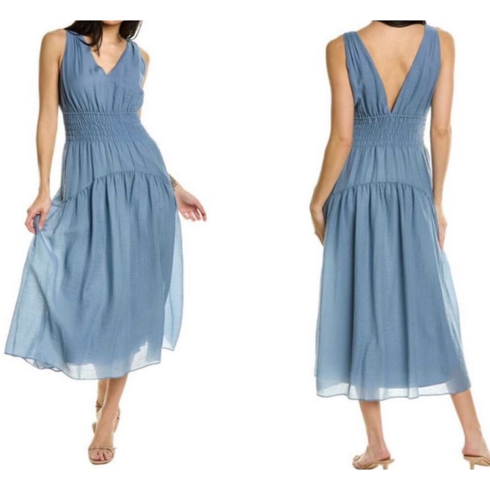 VINCE V-Neck V-Back Smocked Dusty Lake Blue Midi Dress Quiet Luxury Cottage Sz M